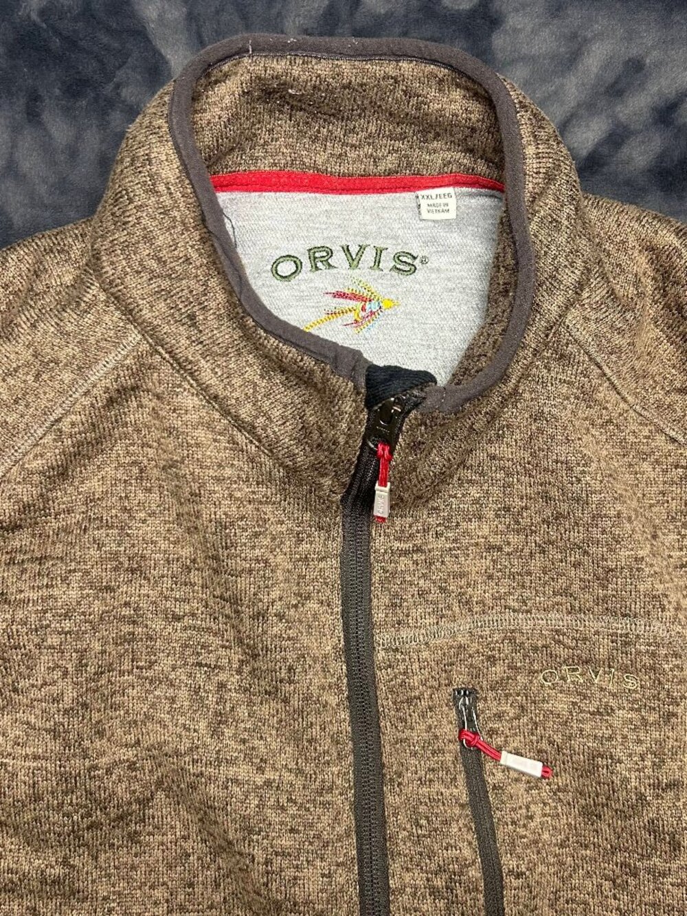 Orvis Full Zip Vest Xxl Brown Tan Heather Dark Trim 100% Polyester Fleece
